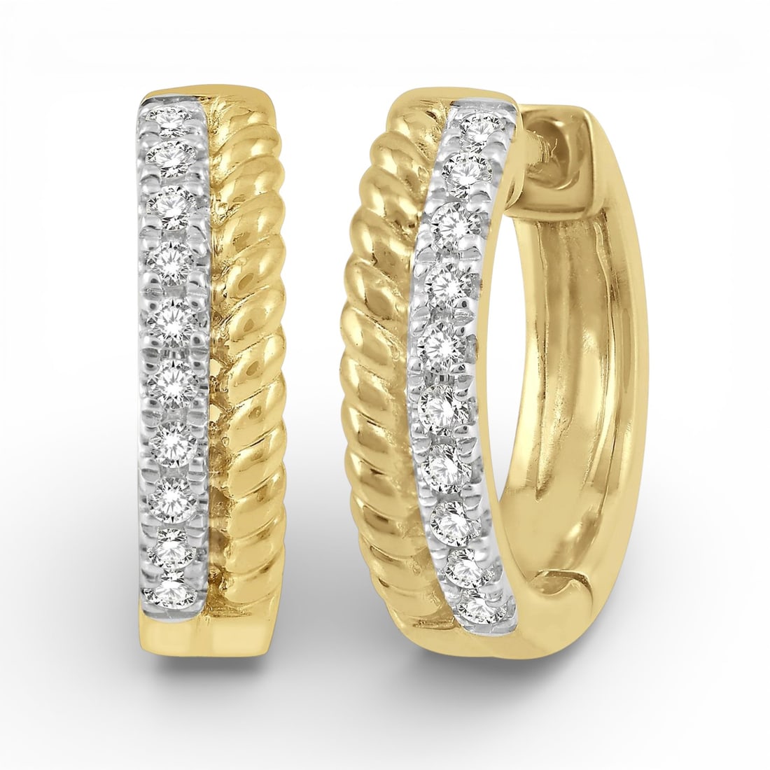0.1 ctw Diamond 10K Yellow Gold Huggie Earrings: Captured in a moment of brilliance, this stunning Rope Bead pair of earrings featuring White Diamond speaks to the connoisseur. Expertly mounted in a Hoop setting, the earrings are crafted in 2.15 gra
