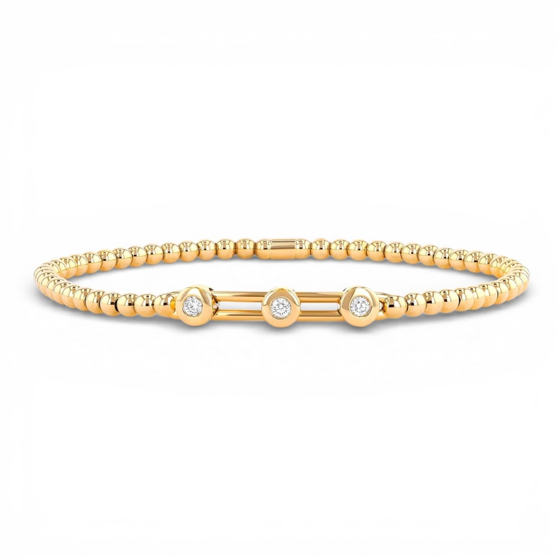 0.27 ctw Diamond Sereno Gold Bead Stretch 18K Yellow Gold Bracelet: Exuding opulence and grace, this exquisite Gold Bead bracelet featuring White Diamond is crafted for the distinguished. A detailed Beaded Stretch Bracelet with Bar Element gallery secures the stones, 