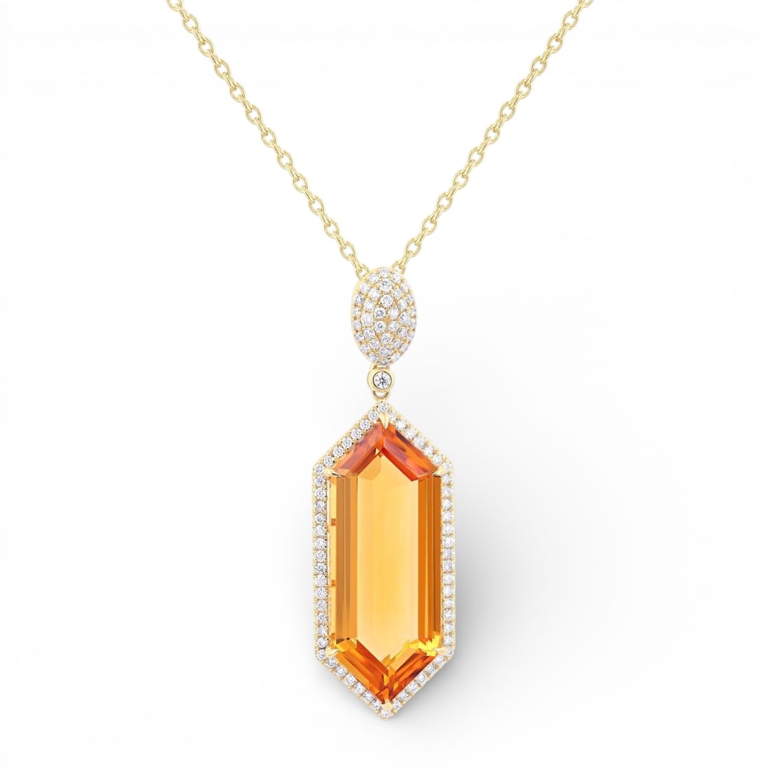 26x10mm Hexagon Citrine and 0.53 ctw Diamond Halo 14K Yellow Gold Pendant: Exuding opulence and grace, this breathtaking Halo pendant featuring Citrine, White Diamond is crafted for the distinguished. Crafted with precision, the Halo setting is seamlessly integrated into 2.8
