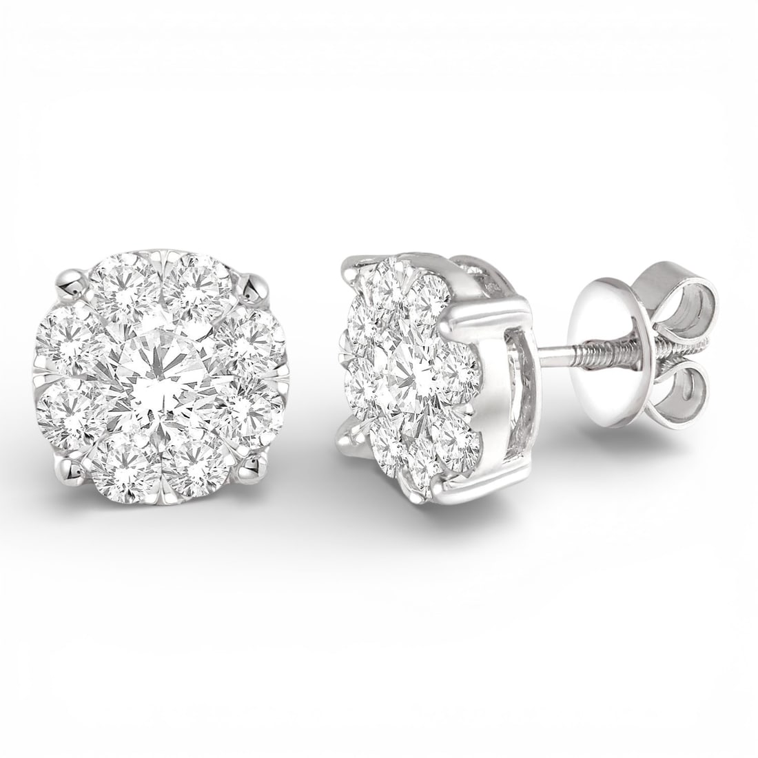 2.08 ctw Diamond Cluster 14K White Gold Stud Earrings: Exuding opulence and grace, this exquisite Cluster pair of earrings featuring White Diamond is crafted for the distinguished. Showcasing the gems in a Cluster arrangement, the earrings consists of 4.3