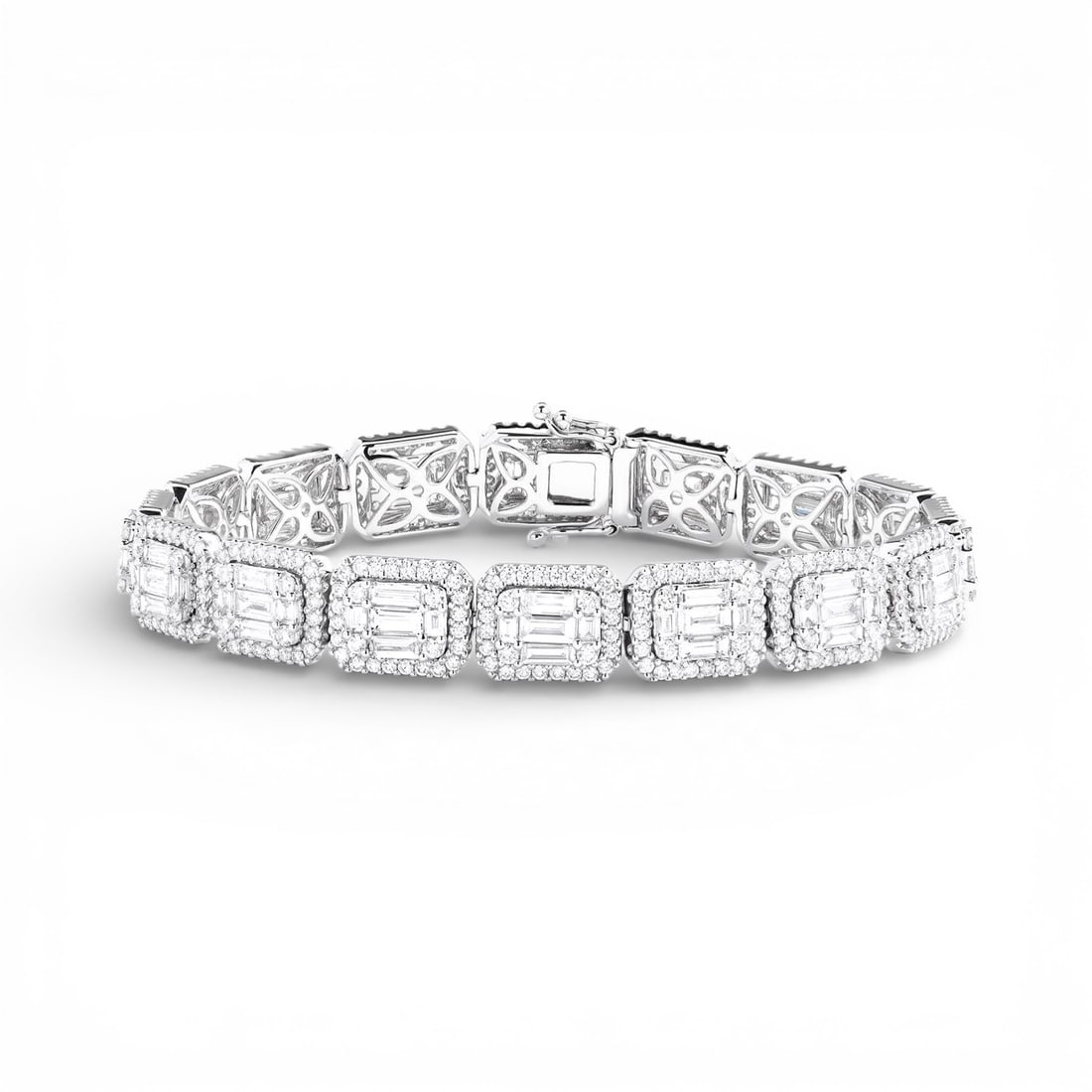9.05 ctw Baguette and Round Diamond 18K White Gold Tennis Bracelet: Epitomizing grandeur, this breathtaking Empress Baguette bracelet featuring White Diamond stands as a beacon of refined taste. A detailed Halo gallery secures the stones, rendered in 25.25 grams of lu