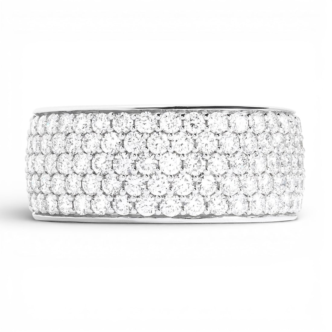 2.06 ctw Diamond 18K White Gold Band Ring: Epitomizing grandeur, this magnificent Duchess Classic 5-Row ring featuring White Diamond stands as a beacon of refined taste. A detailed Pave gallery secures the stones, rendered in 8.9 g of lustrous