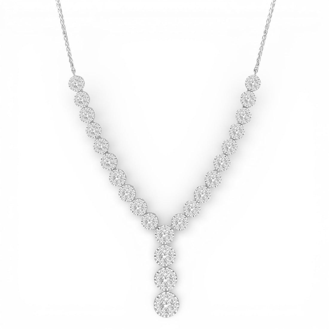 2.26 ctw Cluster Round Diamond 14K White Gold Necklace: Timeless and sophisticated, this elegant Cluster necklace featuring White Diamond radiates enduring beauty. Expertly mounted in a Cluster setting, the necklace is crafted in 4.85 grams of solid 14K Wh