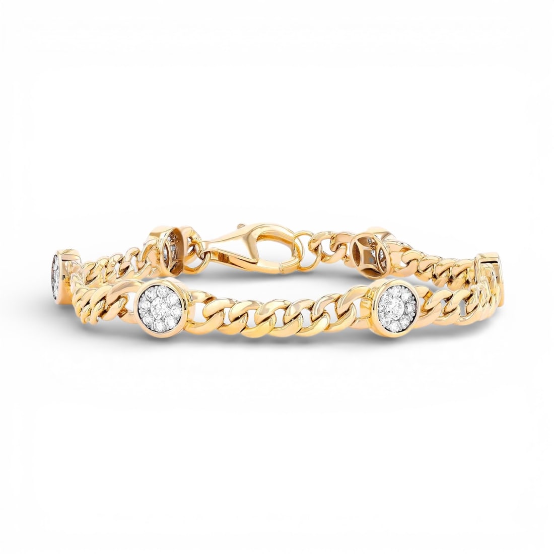 1.26 ctw White Diamond Fiori Cuban 18K Yellow & White Gold Bracelet: A vision of luxury, this stunning Cuban bracelet featuring White Diamond defines sophistication. Expertly mounted in a Bezel/Cluster setting, the bracelet is crafted in 11.15 grams of solid 18K Yellow