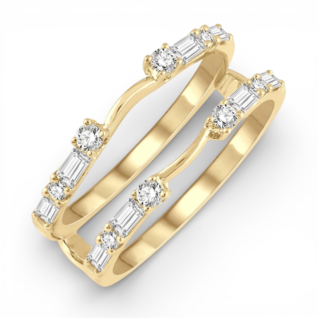 0.59 ctw Round and Baguette Diamond 14K Yellow Gold Insert Ring: A vision of luxury, this elegant Insert ring featuring Natural Diamonds defines sophistication. Expertly mounted in an Insert setting, the ring is crafted in 3.55 grams of solid 14K Yellow Gold. This 