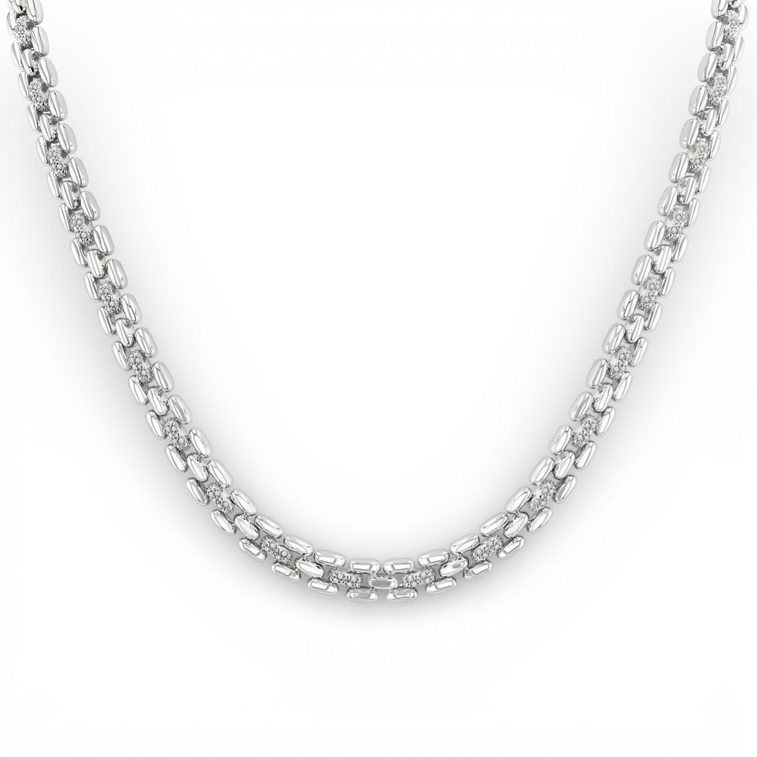 18 inch 0.24 ctw White Diamond Sterling Silver Necklace: Exuding opulence and grace, this elegant Panther Link necklace featuring White Diamonds is crafted for the distinguished. Showcasing the gems in a Link Chain arrangement, the necklace consists of 38.7