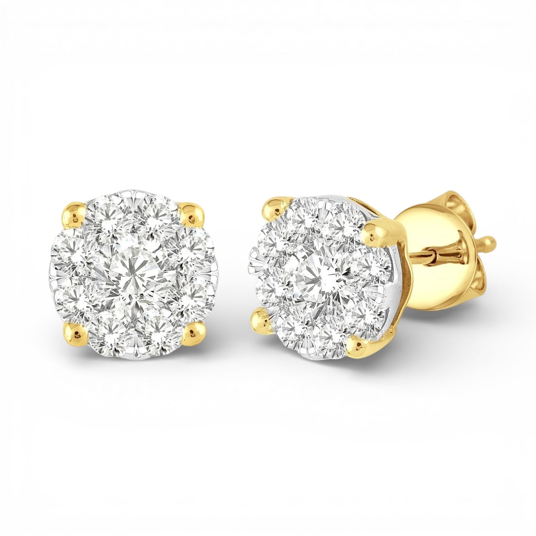 0.76 ctw White Diamond Cluster 14K Yellow & White Gold Stud Earrings: A symphony of light and color, this stunning Cluster pair of earrings featuring White Diamond embodies the pinnacle of luxury. Expertly mounted in a Cluster setting, the earrings are crafted in 2.55 g