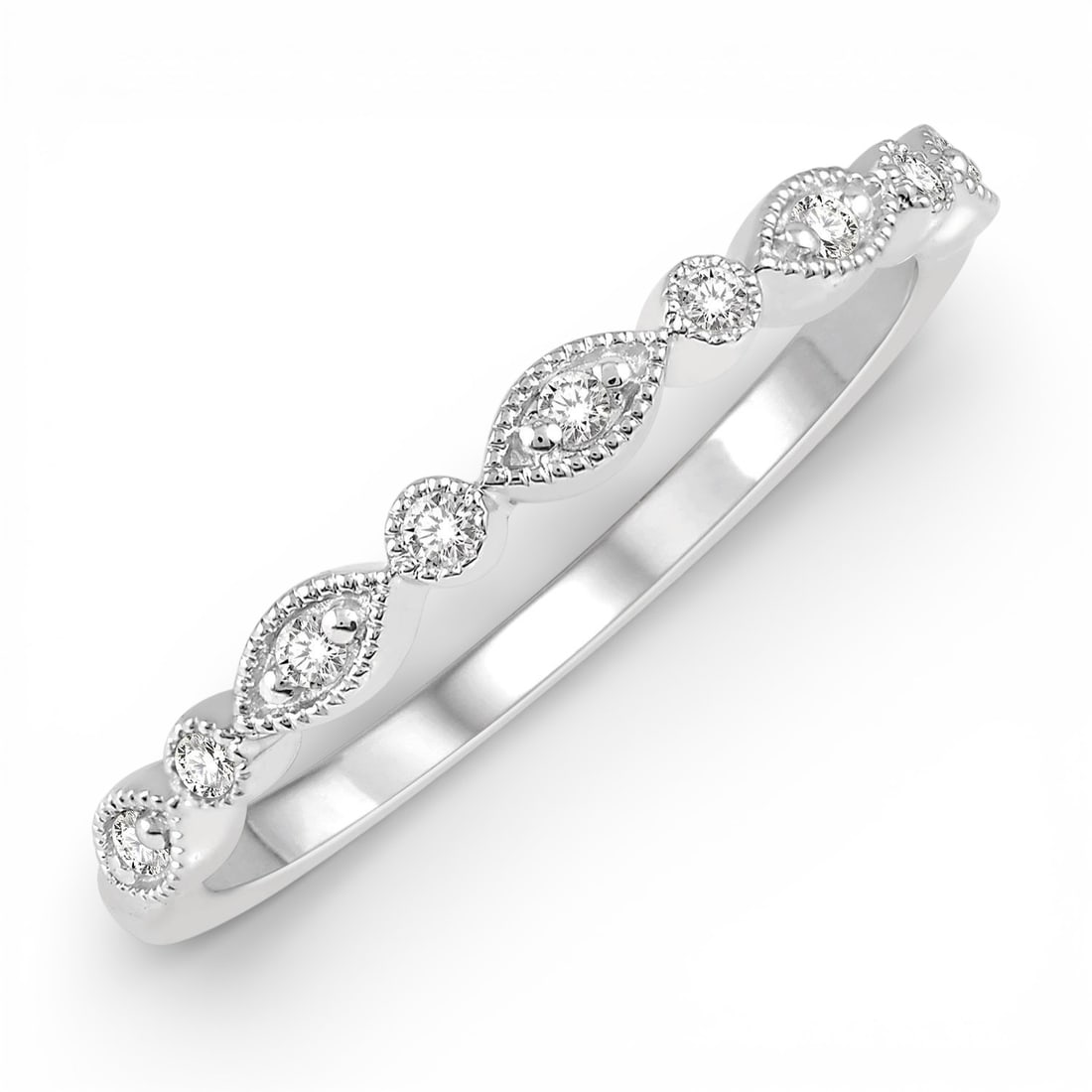 0.10 ctw White Diamond Lattice Stackable Band 14K White Gold Ring: Timeless and sophisticated, this elegant Lattice ring featuring Natural Diamonds radiates enduring beauty. Securely held in a classic Stackable Band design, the ring is forged from 1.95 grams of high-