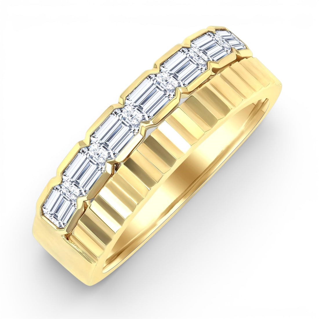 1.05 ctw Emerald Diamond Pyramid Accent Bold 14K Yellow Gold Band Ring: Exuding opulence and grace, this luxurious Pyramid Accent band ring featuring White Diamond is crafted for the distinguished. A detailed Eternity gallery secures the stones, rendered in 5.27 grams of 