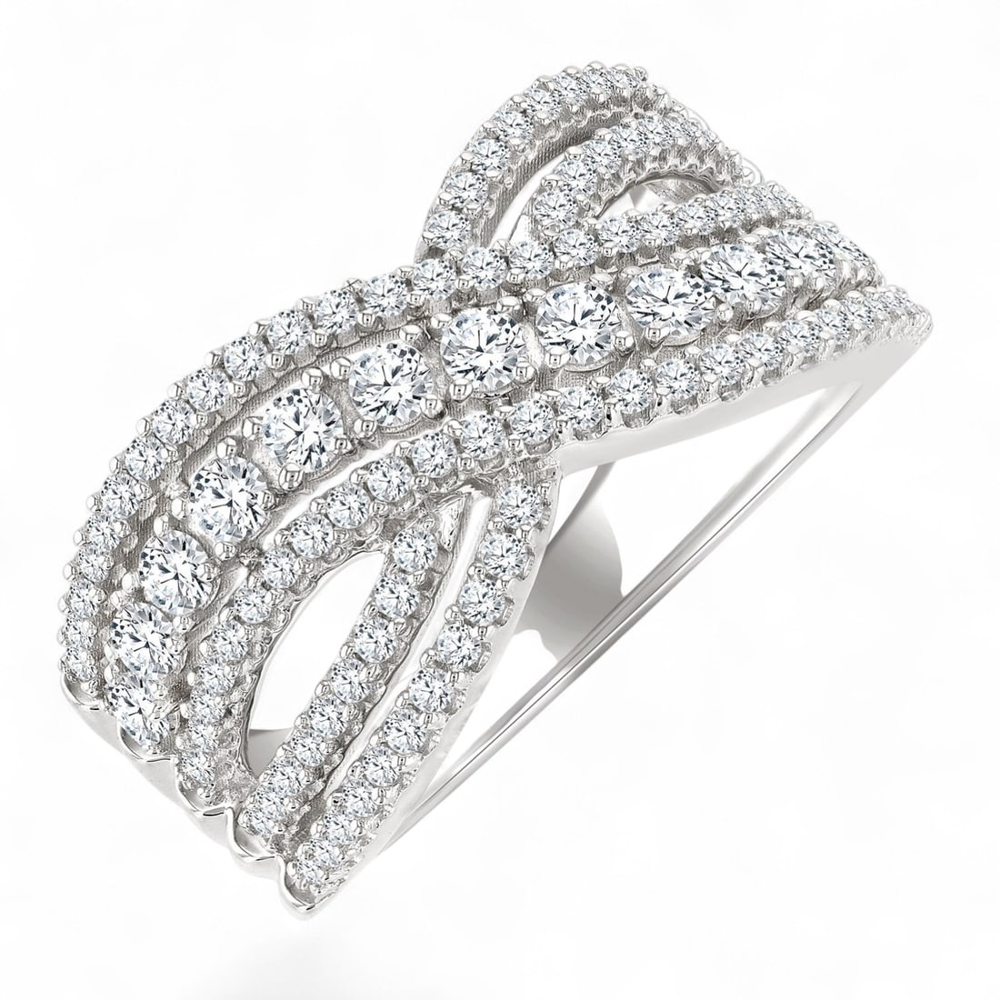 1.01 Ctw Criss Cross Bold Fashion White Diamond Modern 14K White Gold Ring - Certified: Defining modern elegance, this magnificent Criss Cross Bold Fashion ring featuring Natural Diamonds captures the essence of style. The gemstones are nestled within a Criss-Cross Band framework, suppor