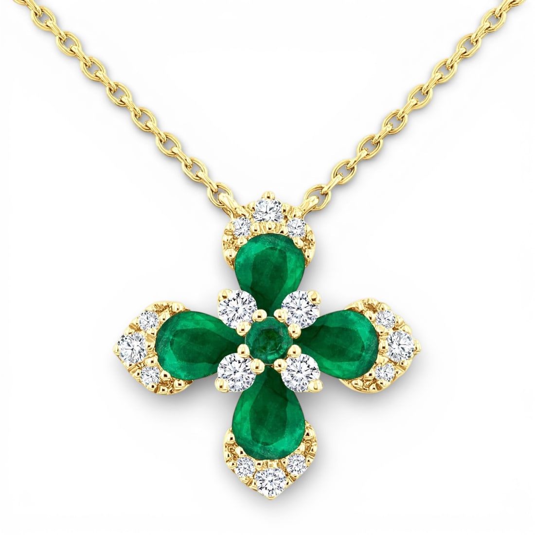 Emerald and 0.16 ctw Diamond 14K Yellow Gold Pendant Necklace: Defining modern elegance, this exquisite Floral Blossom pendant necklace featuring Emerald, White Diamond captures the essence of style. Securely held in a classic Cluster design, the pendant necklace