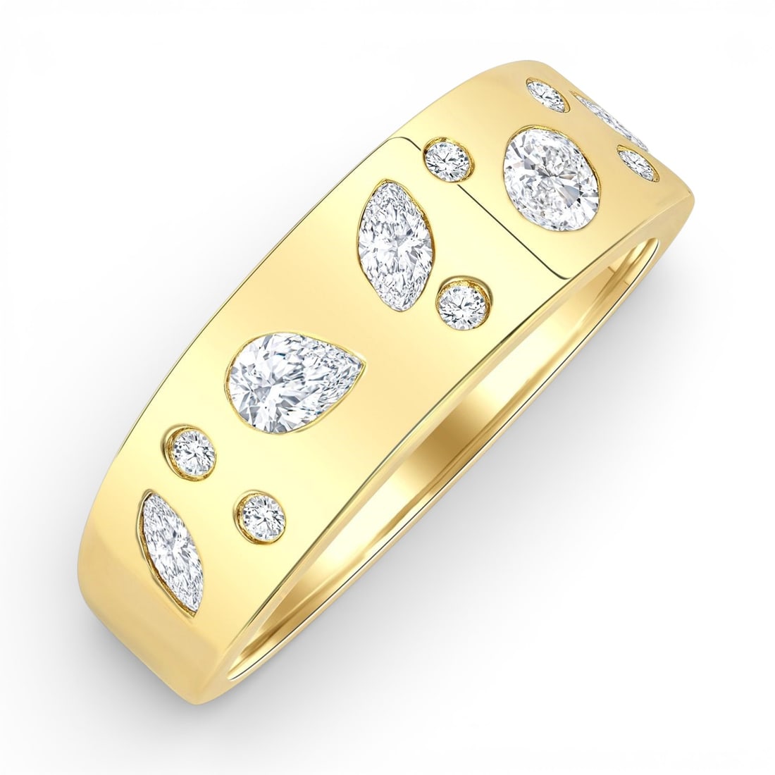 0.56 ctw Diamond Scatter Mixed Cut 14K Yellow Gold Band Ring: Rare and radiant, this stunning Scatter Mixed Cut band ring featuring Colorless Diamonds offers a touch of the extraordinary. Showcasing the gems in a Bezel arrangement, the band ring consists of 3.65