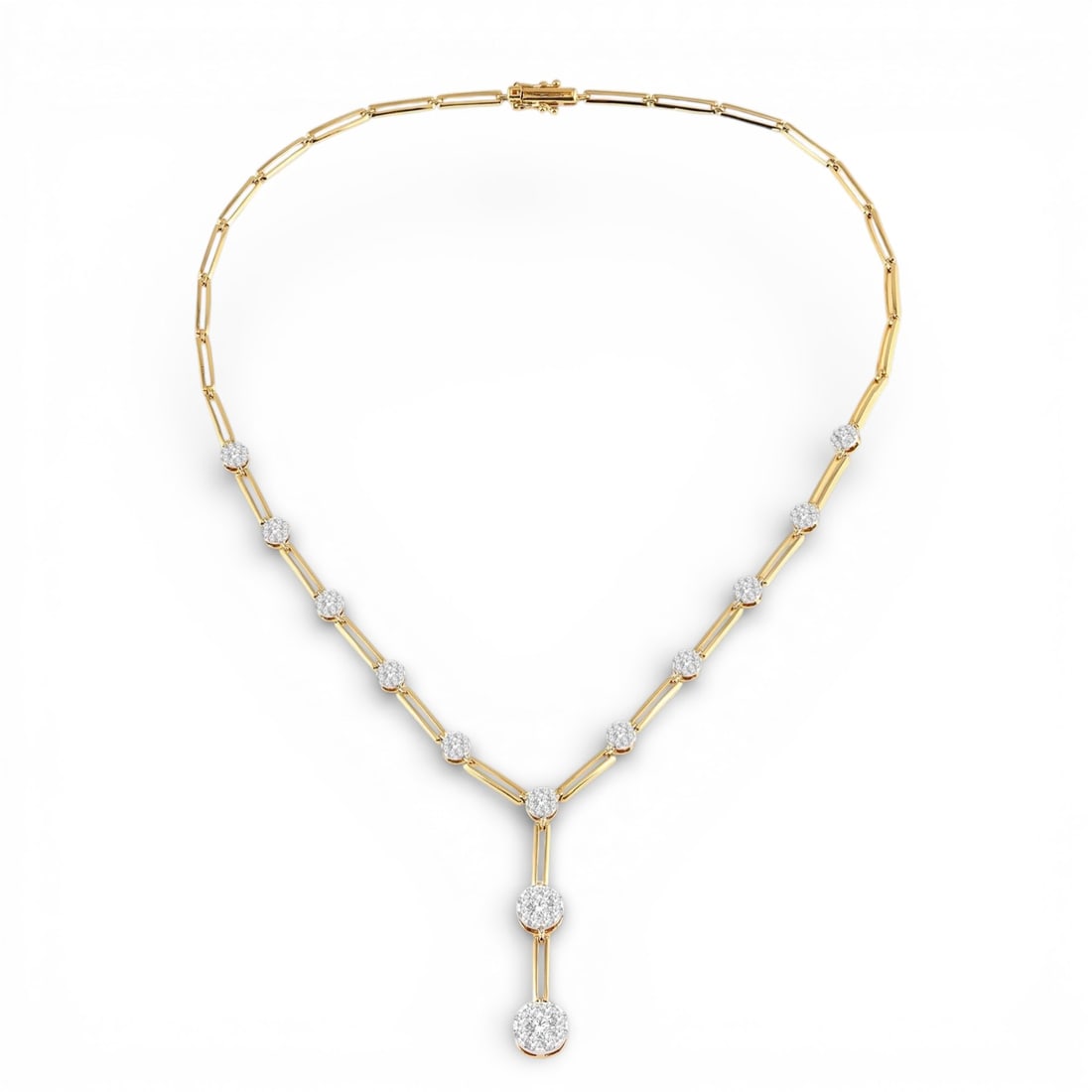 2.02 ctw Diamond Cluster Elongated Link 14K Yellow & White Gold Necklace: A vision of luxury, this stunning Elongated Link necklace featuring Natural Diamonds defines sophistication. Securely held in a classic Cluster design, the necklace is forged from 16.2 grams of high-p