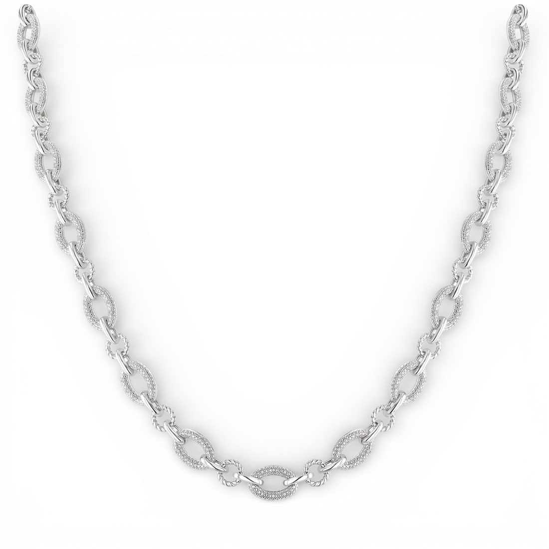 0.25 ctw Diamond Bold Oval Rope Link Sterling Silver Necklace: Timeless and sophisticated, this elegant Bold Oval Shape Rope Link necklace featuring White Diamond radiates enduring beauty. Securely held in a classic Link Chain design, the necklace is forged from 