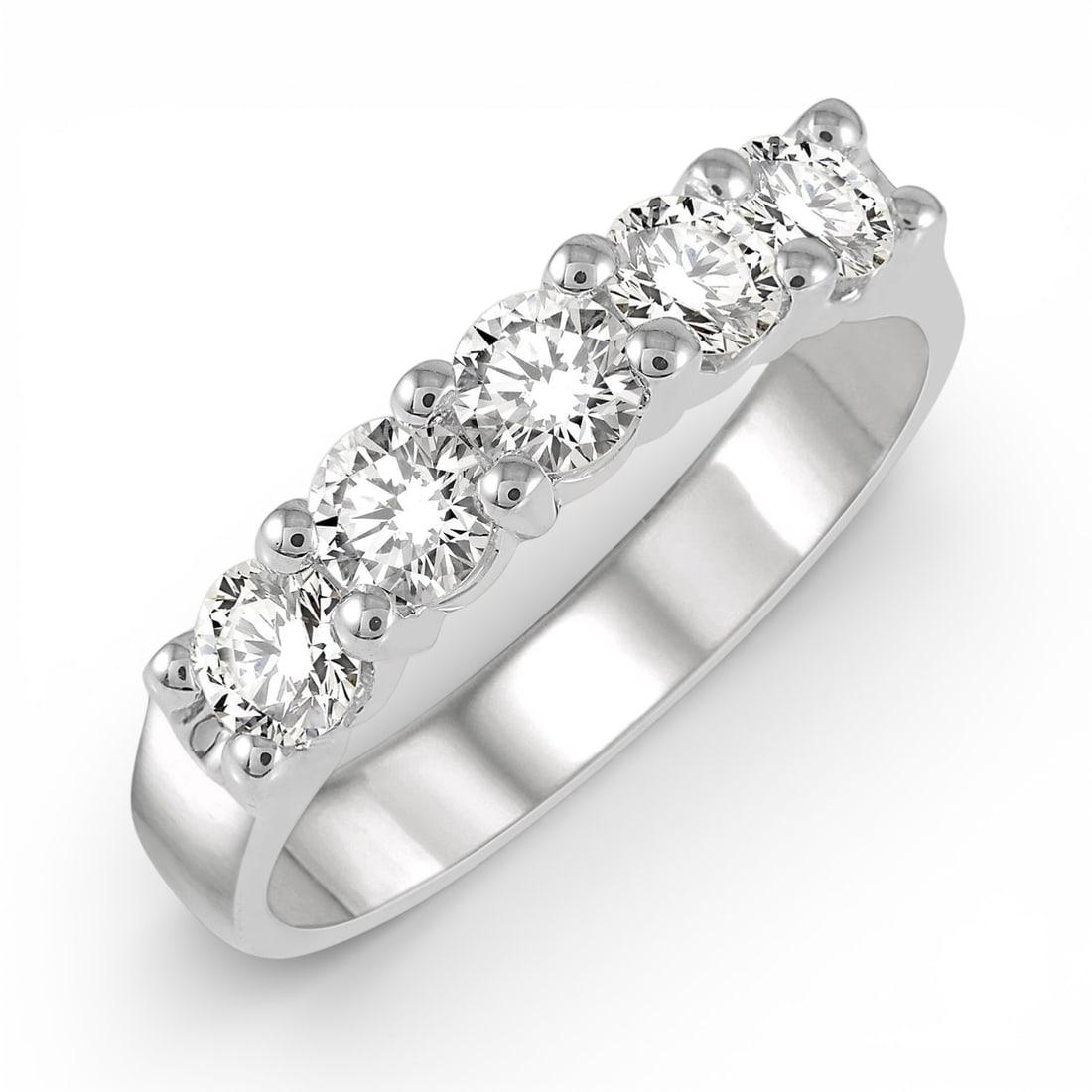 1.00 ctw 5-Stone Diamond Wedding Band 14K White Gold: A symphony of light and color, this stunning 5-Stone ring featuring White Diamond embodies the pinnacle of luxury. The gemstones are nestled within a Five-Stone Band framework, supported by a substant