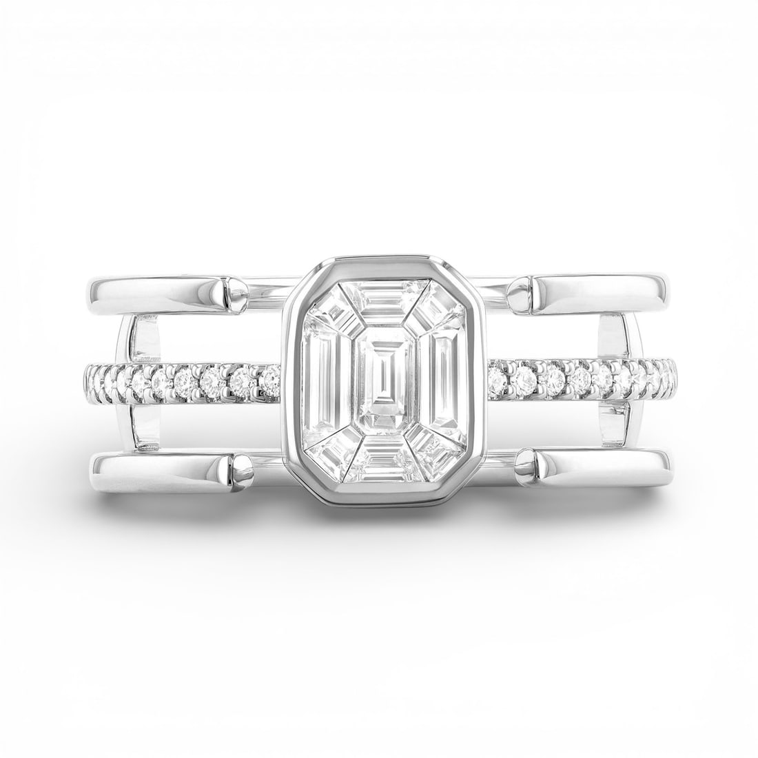 0.65 ctw Diamond 18K White Gold Empress 3-Row Open Ring: A symphony of light and color, this breathtaking 3-Row Open ring featuring Natural Diamonds embodies the pinnacle of luxury. The gemstones are nestled within a Multi-Row Band with a central Bezel-set 