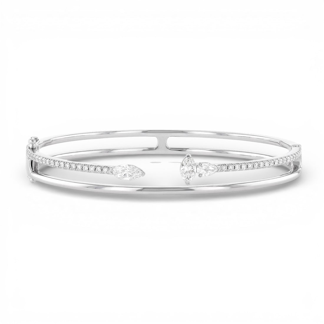 1.36 ctw Marquise Diamond Paradox 18K White Gold Bangle: Exuding opulence and grace, this magnificent Paradox 2-Row bangle bracelet featuring White Diamond is crafted for the distinguished. Crafted with precision, the Open Cuff setting is seamlessly integra