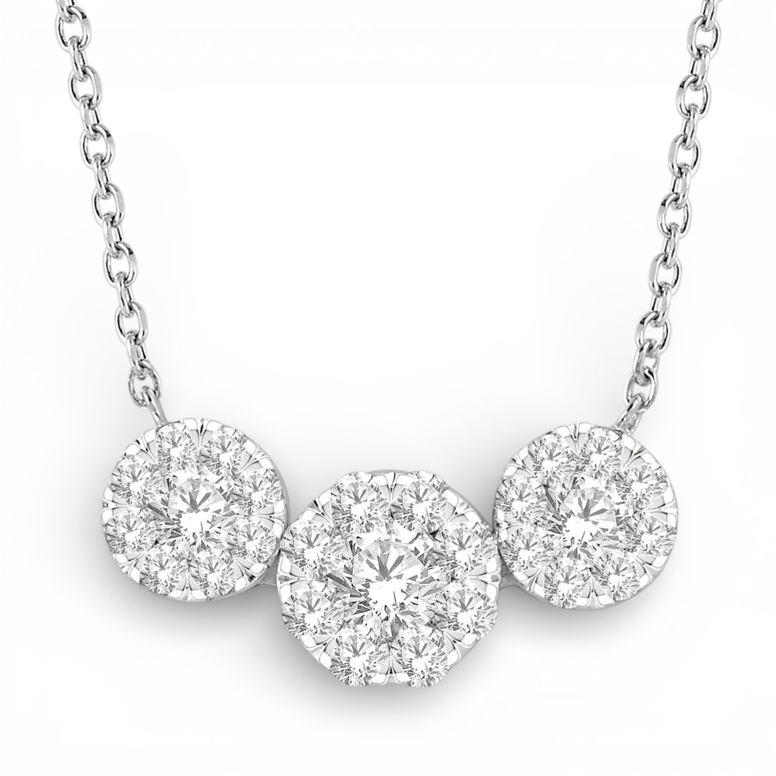 0.73 ctw Round Diamond 3-Stone Cluster Pendant Necklace 14K White Gold: A vision of luxury, this elegant Three-Stone Cluster necklace featuring White Diamond defines sophistication. Expertly mounted in a Three-Stone Cluster setting, the necklace is crafted in 1.15 grams o