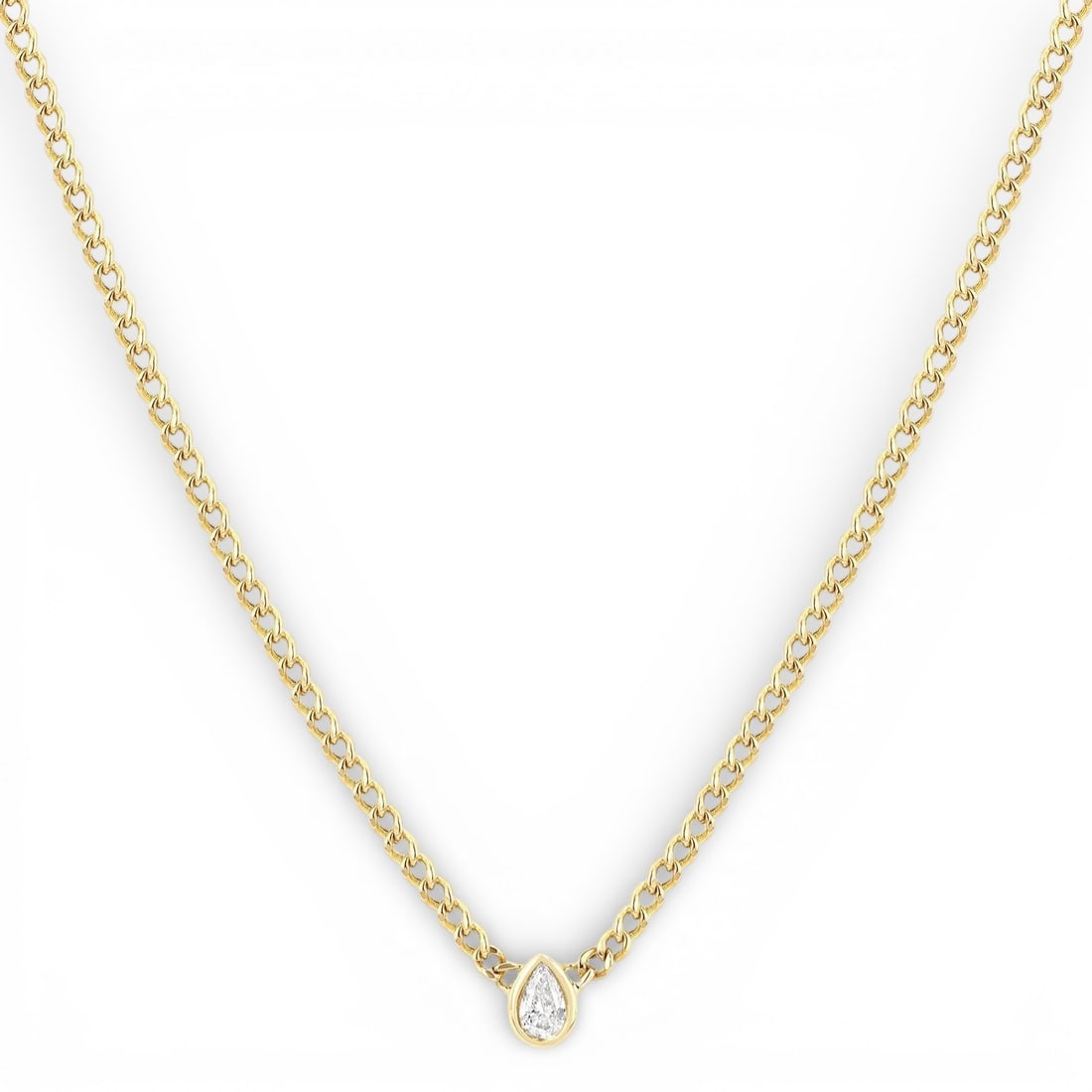 0.20 ctw Pear Cut Diamond Bezel Set Curb Link 14K Yellow Gold Necklace: Captured in a moment of brilliance, this exquisite Curb Link Fashion Necklace featuring White Diamond speaks to the connoisseur. Expertly mounted in a Bezel setting, the necklace is crafted in 0.4 gra