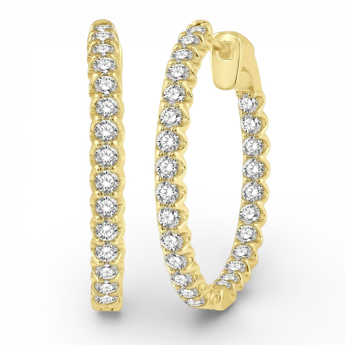 2.03 ctw White Diamond Inside-Out Hoop 14K Yellow Gold Earrings: Timeless and sophisticated, this breathtaking Inside-Out Hoop pair of earrings featuring White Diamonds radiates enduring beauty. Expertly mounted in an Inside-Out Hoop setting, the earrings are craft