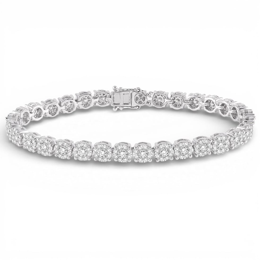 5.31 ctw Diamond Cluster 14K White Gold Tennis Bracelet: A symphony of light and color, this exquisite Cluster tennis bracelet featuring White Diamond embodies the pinnacle of luxury. The gemstones are nestled within a Cluster framework, supported by a subs
