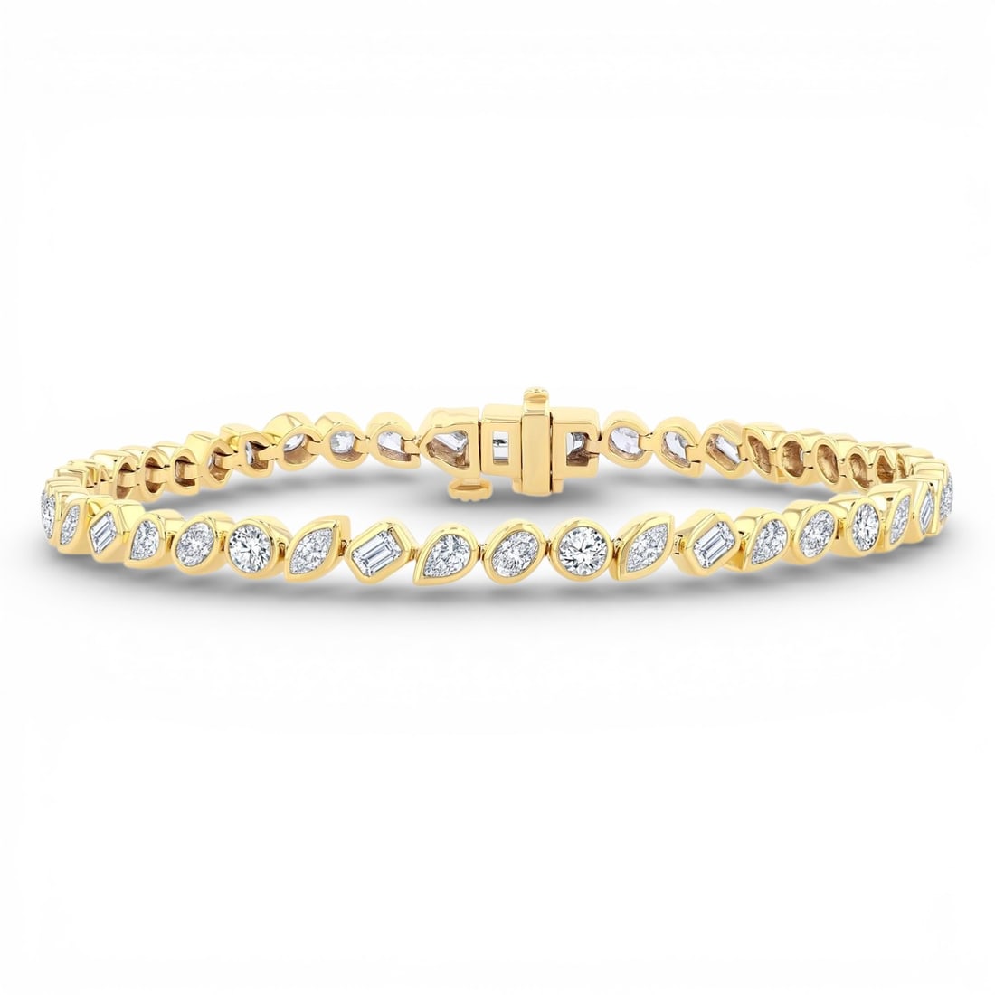 4.05 ctw Mixed Cut Diamond Fashion Tennis Bracelet 14K Yellow Gold: Exuding opulence and grace, this exquisite Mixed Fancy Shapes Link Bracelet featuring White Diamond is crafted for the distinguished. Showcasing the gems in a Bezel arrangement, the bracelet consists 
