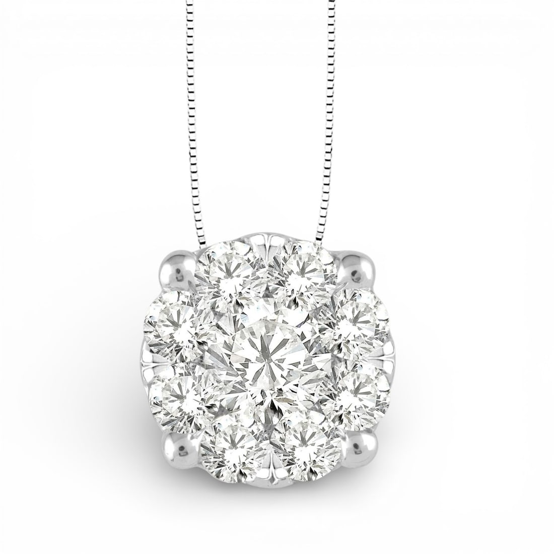 0.78 ctw White Diamond Cluster 14K White Gold Pendant: Exuding opulence and grace, this stunning Cluster pendant featuring Natural Diamonds is crafted for the distinguished. Showcasing the gems in a Cluster arrangement, the pendant consists of 1.5 grams o