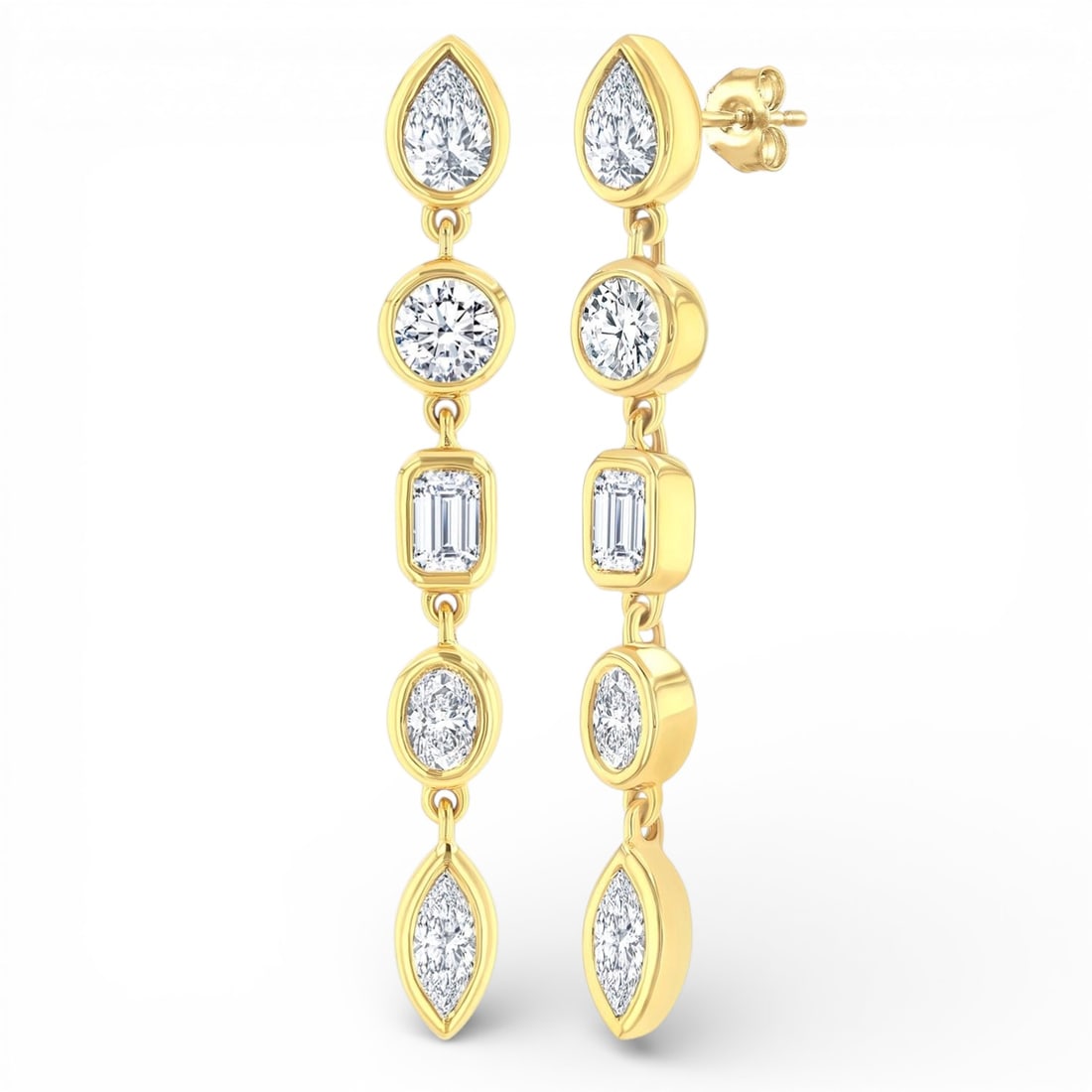 1.0 ctw Mixed Fancy Shape Diamond Bezel Set 14K Yellow Gold Earrings: A symphony of light and color, this breathtaking Linear Drop pair of earrings featuring Natural Diamonds embodies the pinnacle of luxury. Securely held in a classic Bezel Set Linear Drop design, the e