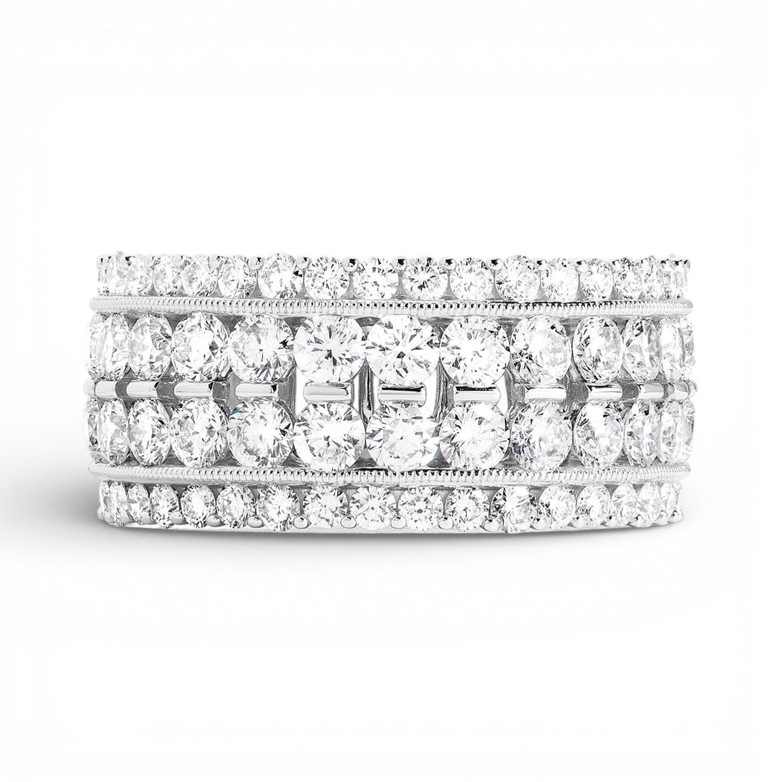 Duchess Classic 4-Row 3.80 ctw Diamond 18K White Gold Band Ring: An exquisite masterpiece of haute joaillerie, this breathtaking 4-Row Band ring featuring White Diamond is a true treasure. A detailed Multi-Row Shared Prong Band gallery secures the stones, rendered 