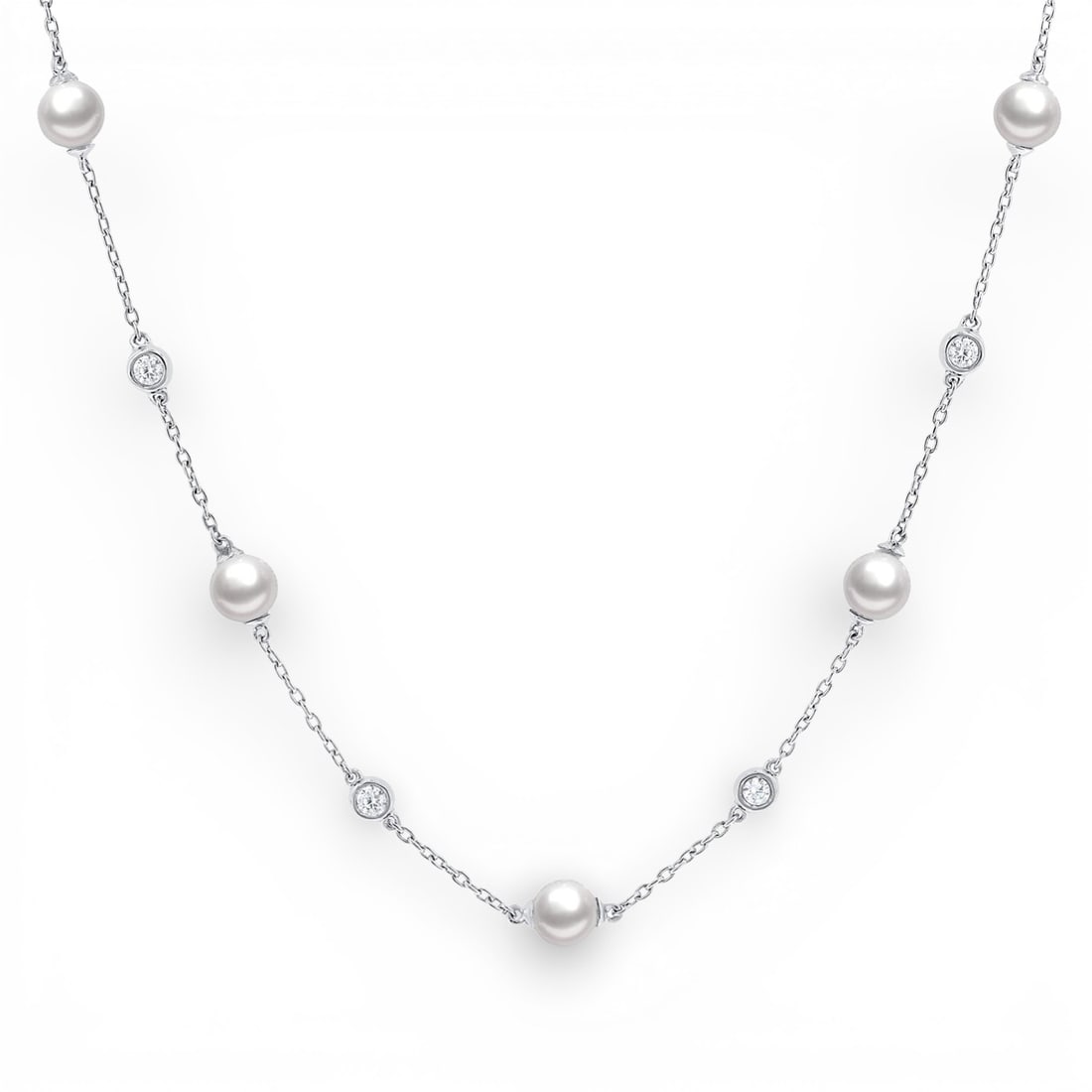 5mm Cultured Pearl and 0.26 ctw Diamond 14K White Gold Necklace: An exquisite masterpiece of haute joaillerie, this exquisite Station necklace featuring Cultured Pearl, White Diamond is a true treasure. A detailed Station gallery secures the stones, rendered in 2.3
