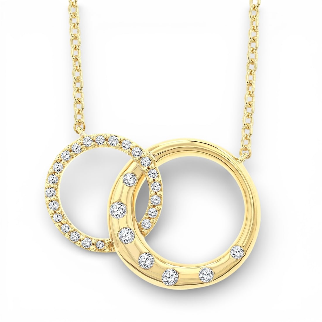 0.15 ctw Diamond Interlocked Circles Mosaic 10K Yellow Gold Pendant: Epitomizing grandeur, this elegant Interlocked Circles pendant featuring White Diamonds stands as a beacon of refined taste. Showcasing the gems in an Interlocked Circles arrangement, the pendant cons