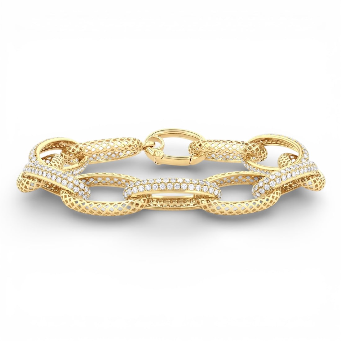 2.99 ctw Round Cut Diamond Open Link Fashion 14K Yellow Gold Bracelet: Timeless and sophisticated, this breathtaking Open Window Oval Link bracelet featuring White Diamond radiates enduring beauty. Securely held in a classic Link Bracelet design, the bracelet is forged f