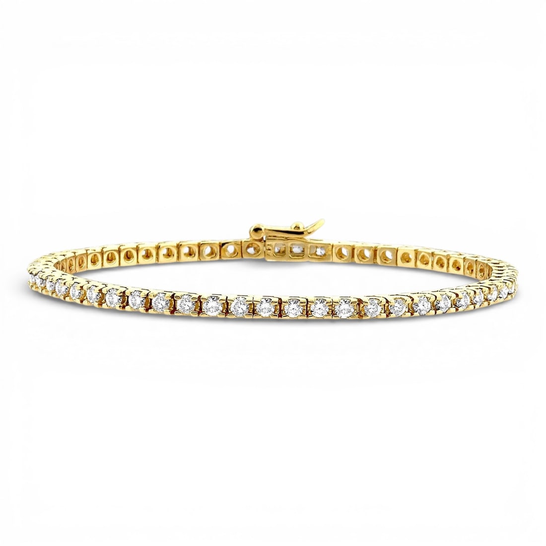 3.03 ctw Round Cut Diamond Tennis Bracelet 14K Yellow Gold: A symphony of light and color, this breathtaking Square Shape bracelet featuring White Diamond embodies the pinnacle of luxury. Expertly mounted in a Line setting, the bracelet is crafted in 11.5 gram