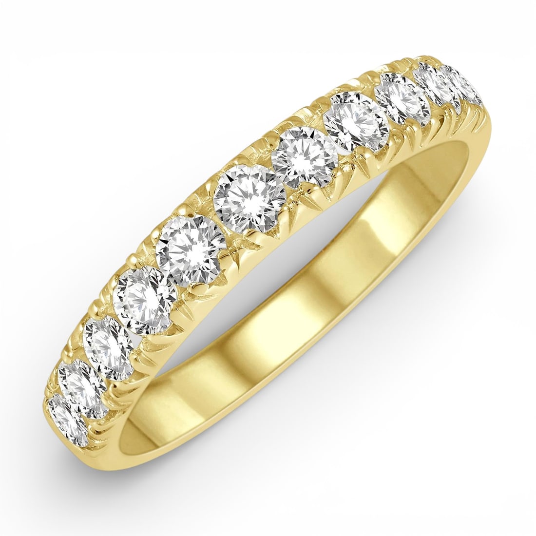 0.77 ctw Diamond 11 Stone 14K Yellow Gold Wedding Band Ring: Captured in a moment of brilliance, this stunning 11 Stone ring featuring White Diamond speaks to the connoisseur. Securely held in a classic Half-Eternity Band design, the ring is forged from 2.9 gra