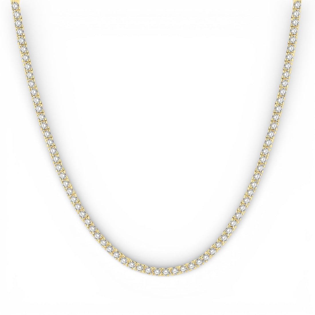 5.02 ctw Round Diamond Tennis 14K Yellow Gold Necklace: A symphony of light and color, this magnificent Tennis necklace featuring White Diamond embodies the pinnacle of luxury. Expertly mounted in a Tennis setting, the necklace is crafted in 15.7 grams of 