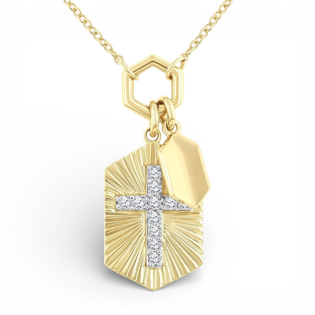 0.12 ctw White Diamond 10K Yellow and White Gold Pendant Necklace: Exuding opulence and grace, this elegant Cross Charm Fluted Round Cut pendant necklace featuring White Diamond is crafted for the distinguished. Showcasing the gems in a Pendant arrangement, the penda