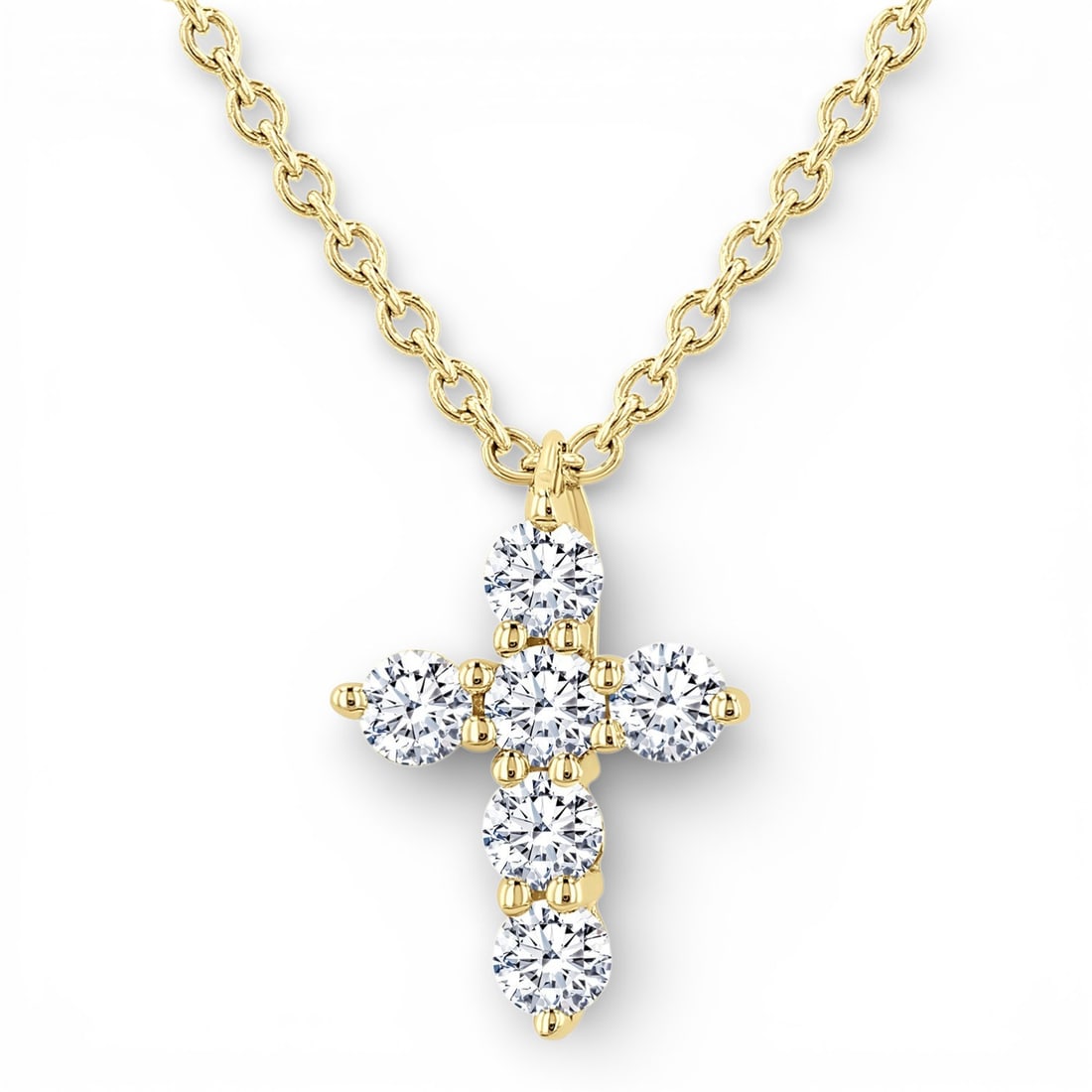 0.15 ctw Round White Diamond Cross 14K Yellow Gold Pendant: A testament to superior craftsmanship, this elegant Christian Cross pendant necklace featuring White Diamond is unparalleled. Showcasing the gems in a Cluster arrangement, the pendant necklace consist