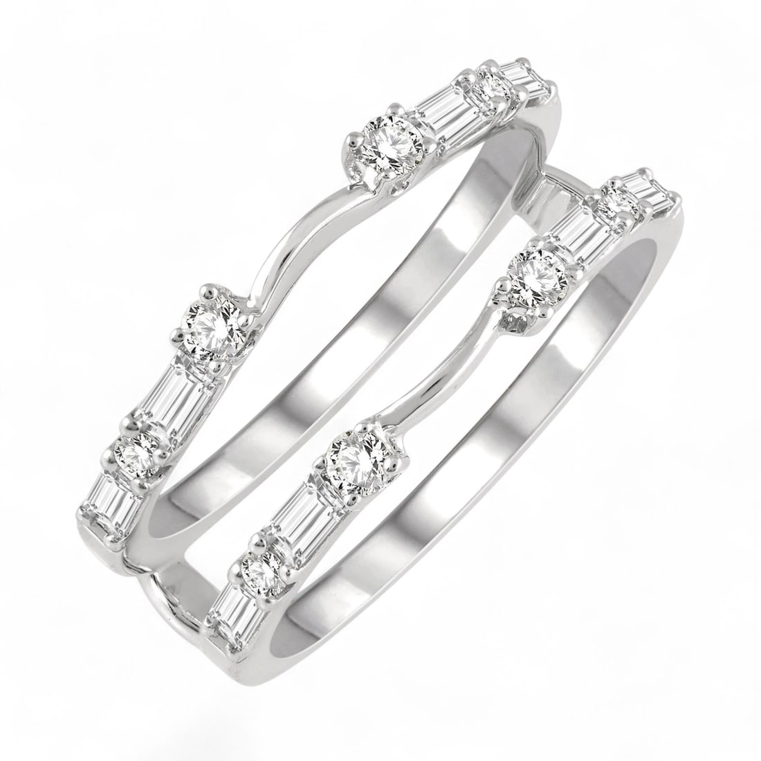 0.59 Ctw Baguette And Round Cut Diamond Insert Modern 14K White Gold Ring - Certified: A vision of luxury, this magnificent Baguette and Round Cut Diamond Insert ring featuring Natural Diamonds defines sophistication. The gemstones are nestled within an Insert framework, supported by a 