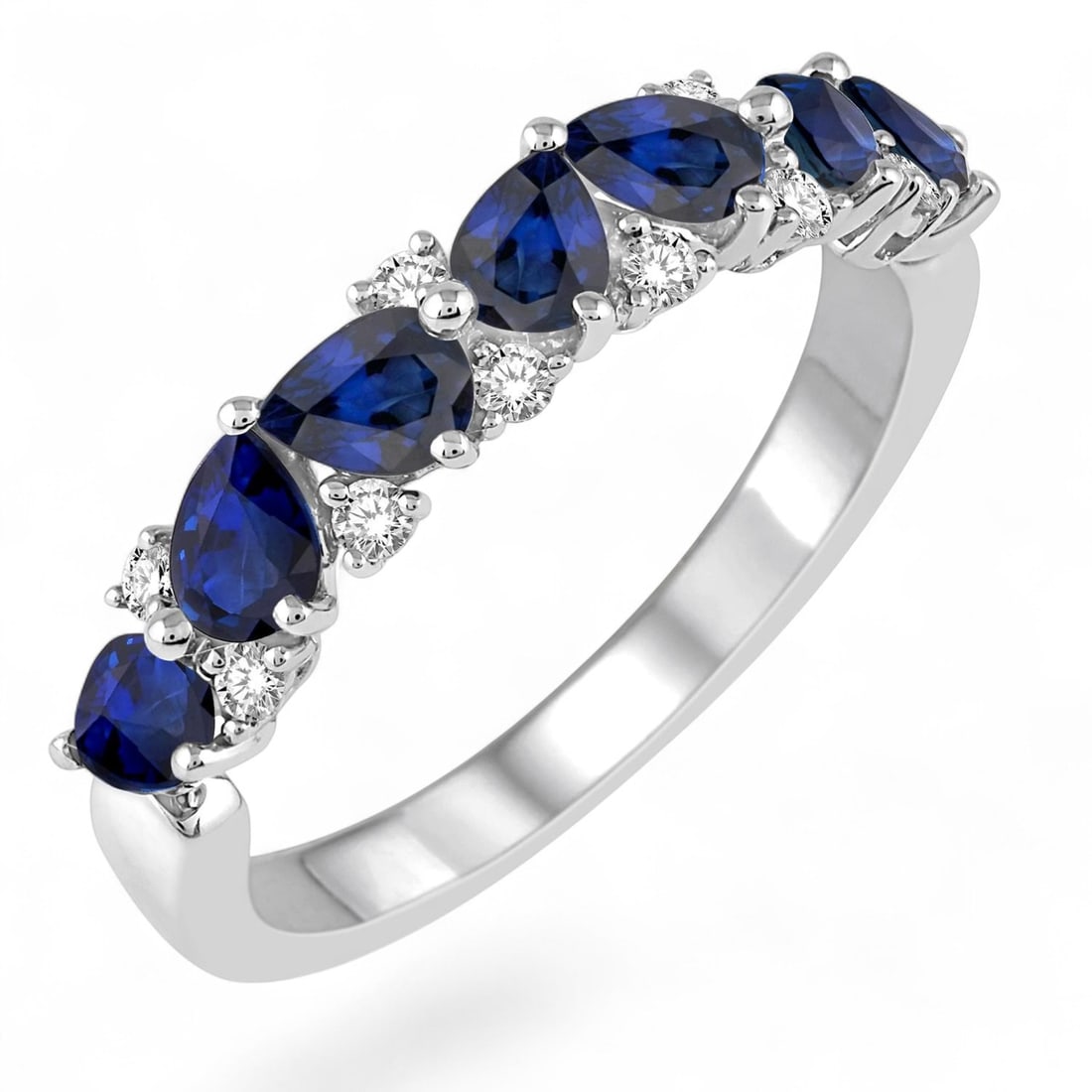 4x3 MM Blue Sapphires and 0.15 Ctw Pear Sapphire Diamond Precious Band Modern 14K White Gold Ring - (1 of 3)