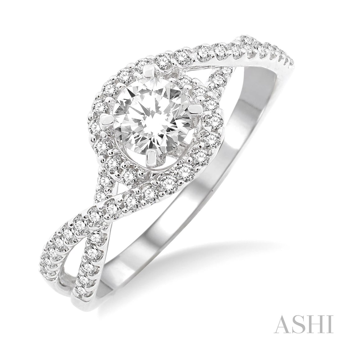0.61 ctw Diamond Halo Swirl 14K White Gold Engagement Ring: An exquisite masterpiece of haute joaillerie, this magnificent Halo Swirl ring featuring Diamonds is a true treasure. Showcasing the gems in a Halo arrangement, the ring consists of 2.35 grams of 14K 
