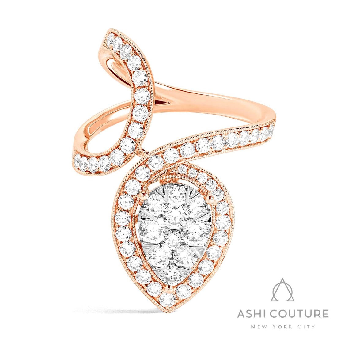 1.61 ctw Diamond Fiori Cocktail Cluster 18K Rose & White Gold Ring: Defining modern elegance, this breathtaking Fiori Pear Avant-Garde Cluster ring featuring Natural Diamonds captures the essence of style. Securely held in a classic Cluster design, the ring is forged 