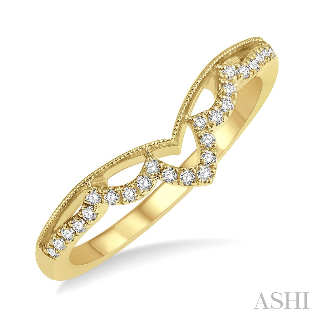 0.13 ctw Round Diamond Milgrain Chevron Wedding Band 14K Yellow Gold: A testament to superior craftsmanship, this elegant Milgrain Chevron ring featuring White Diamond is unparalleled. A detailed Contour Band gallery secures the stones, rendered in 2.8 grams of lustrous