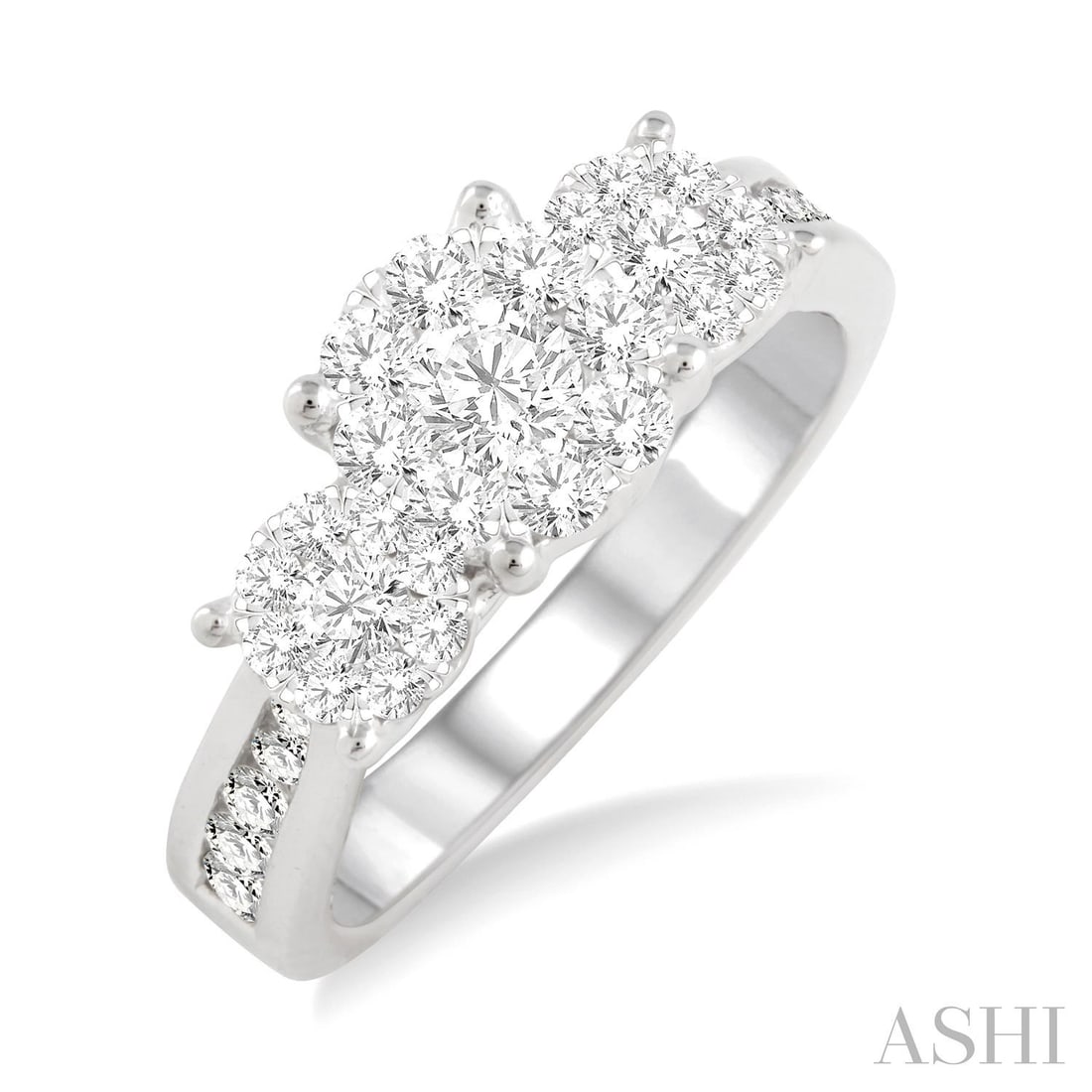 1.01 ctw Cluster Three Stone Diamond 14K White Gold Ring: Exuding opulence and grace, this magnificent Cluster Three Stone ring featuring White Diamond is crafted for the distinguished. Showcasing the gems in a Three-Stone arrangement, the ring consists of 4