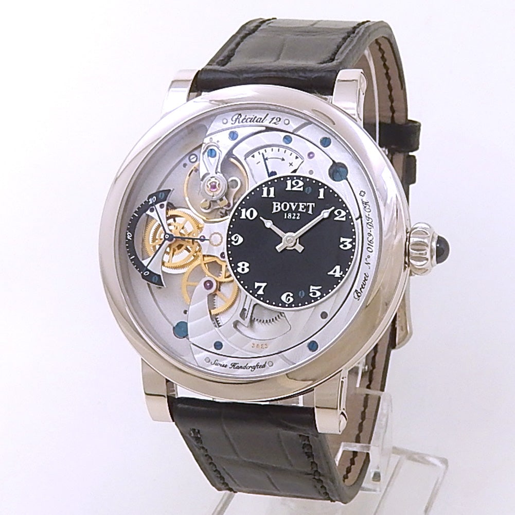 Bovet Dimier Recital 12 Monsieur DTR12-42WG-000-B1-07 18k White Gold Black Dial: The Bovet Dimier Recital 12 Monsieur, Reference DTR12-42WG-000-B1-07, is a superb expression of classic watchmaking and contemporary artistry. Crafted in radiant 18K white gold, this high-complication
