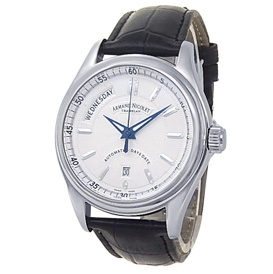 Armand Nicolet M02 Day Date 9141A-AG-P974MR2 Stainless Steel White Dial: The Armand Nicolet M02 Day Date, Reference 9141A-AG-P974MR2, is a superb expression of classic Swiss horology and contemporary utility. Encased in robust, high-polish stainless steel, this watch featu
