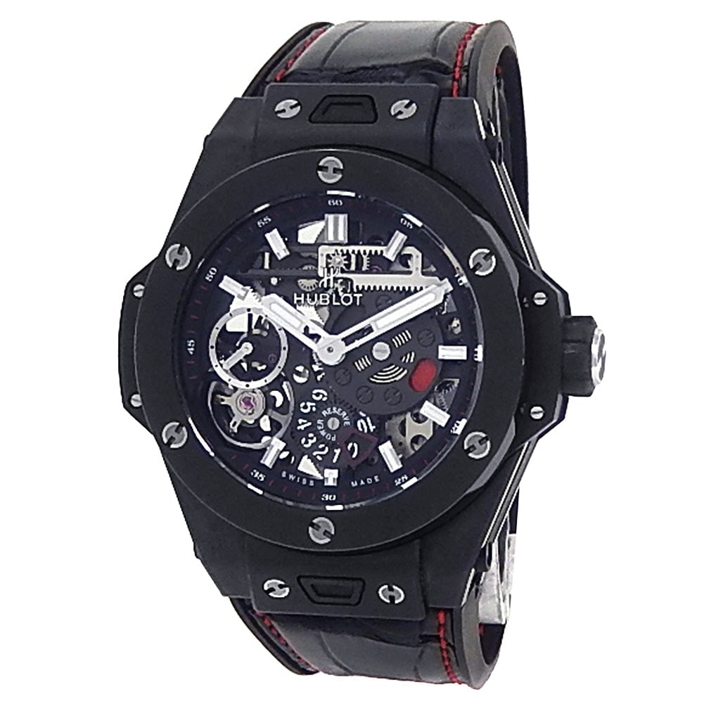 Hublot Big Bang Meca-10 414.CI.123.RX Ceramic Black Skeleton Dial: The Hublot Big Bang Meca-10 Black Magic, Reference 414.CI.123.RX, is a superb expression of industrial luxury and cutting-edge design. Encased in a striking microblasted and polished black ceramic cas
