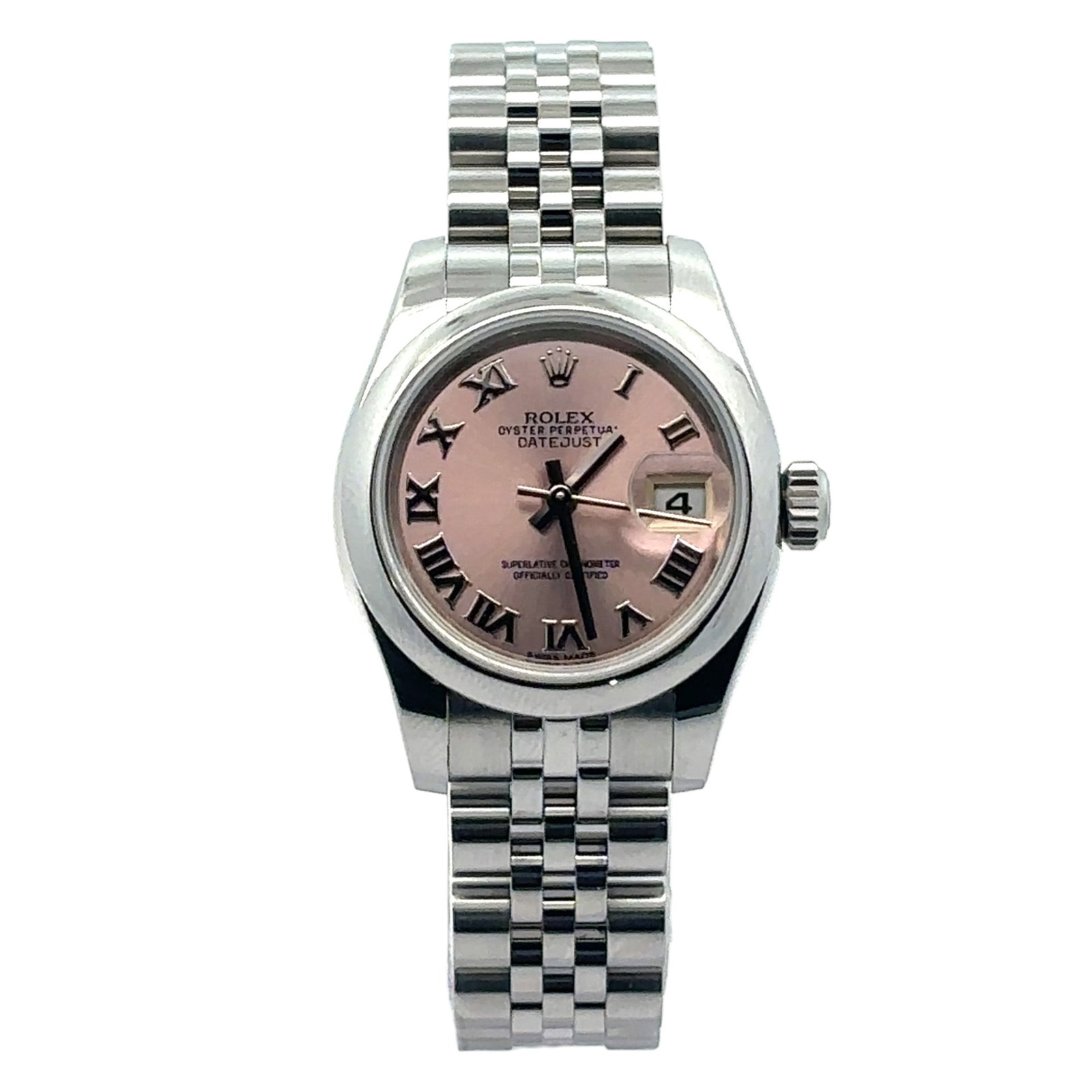 Rolex Datejust 179160 Stainless Steel Pink Roman Dial: The Rolex Datejust, Reference 179160, is a refined expression of timeless femininity. Crafted in stainless steel, this 26mm ladies' watch features an enchanting pink dial adorned with elegant Roma