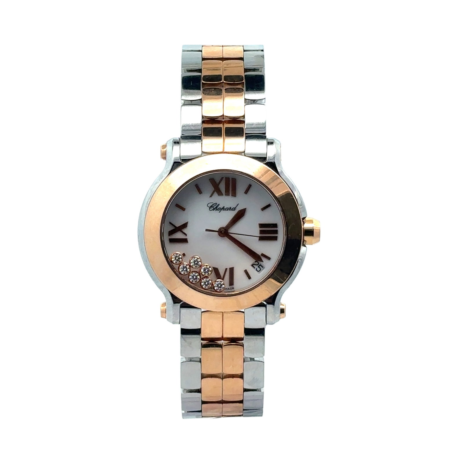 Chopard Happy Sport 8475 Two-Tone White Dial with Floating Diamonds: The Chopard Happy Sport, Reference 8475, is a captivating expression of playful luxury. Crafted in a striking two-tone stainless steel and 18k rose gold case, this ladies' timepiece is distinguished b