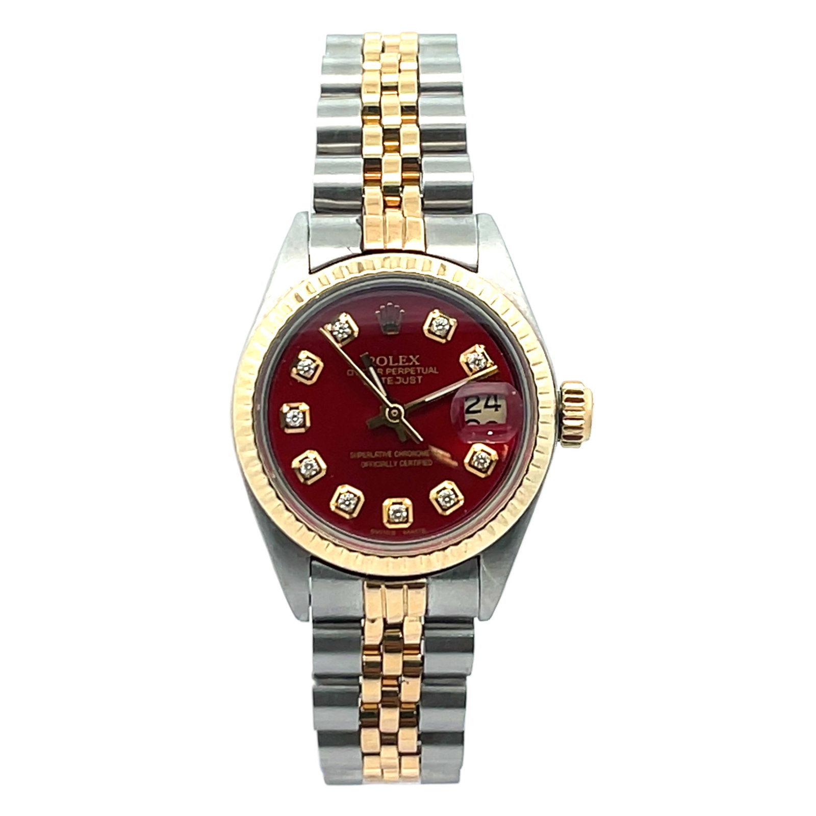 Rolex Datejust 6917 Two-Tone Fluted Bezel 26mm Red Diamond Dial: The Rolex Datejust, Reference 6917, is a timeless expression of elegance. Crafted from a harmonious blend of stainless steel and 18K yellow gold, this two-tone timepiece features a luxurious Red Diamo