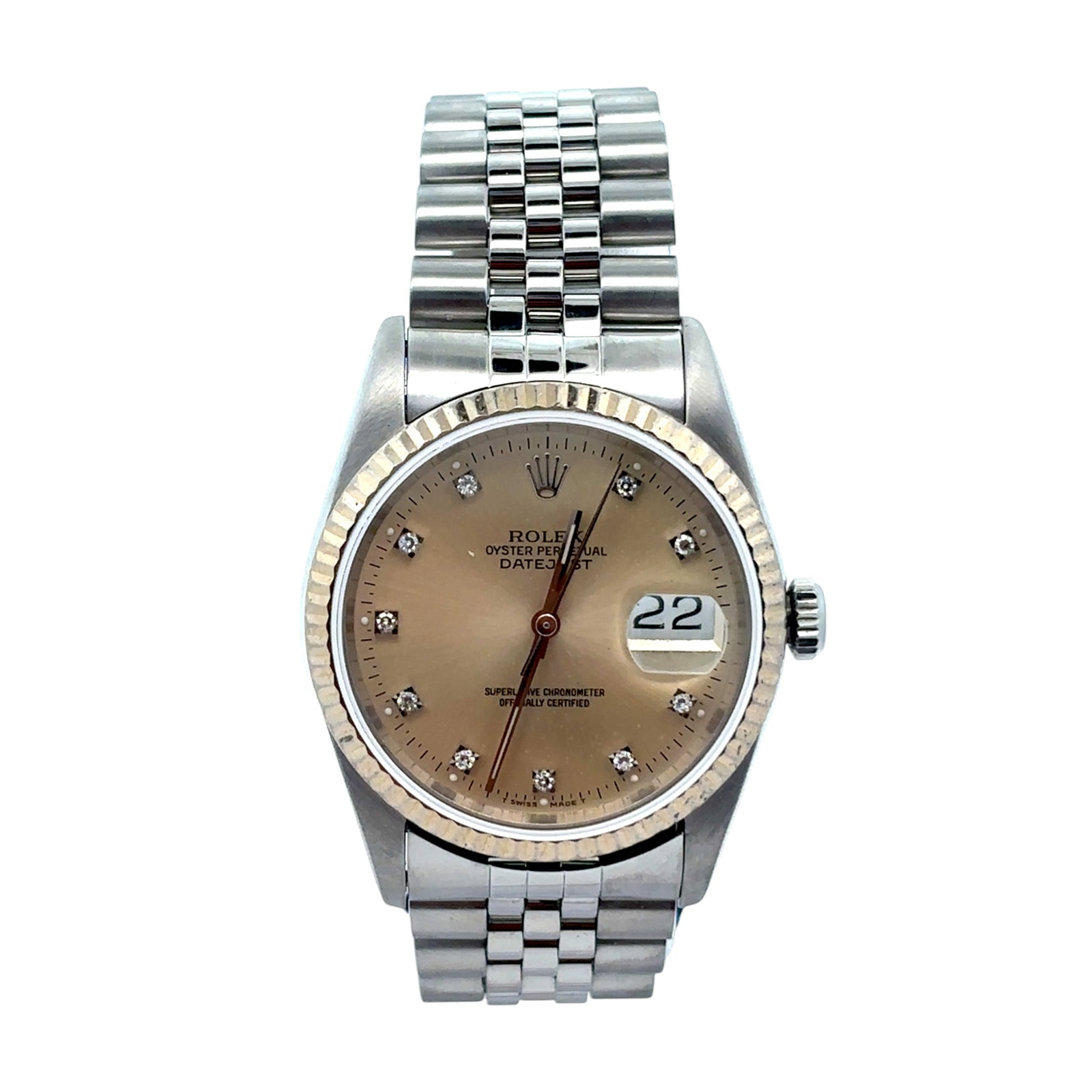 Rolex Datejust 1601 Stainless Steel Olive Diamond Dial: The Rolex Datejust, Reference 1601, is a timeless icon of refined style. Housed in a robust stainless steel case, this timepiece features a distinctive olive dial adorned with diamond hour markers